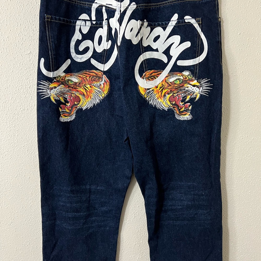 Ed Hardy Men's Straight Jeans - Dark Blue with Tiger Design